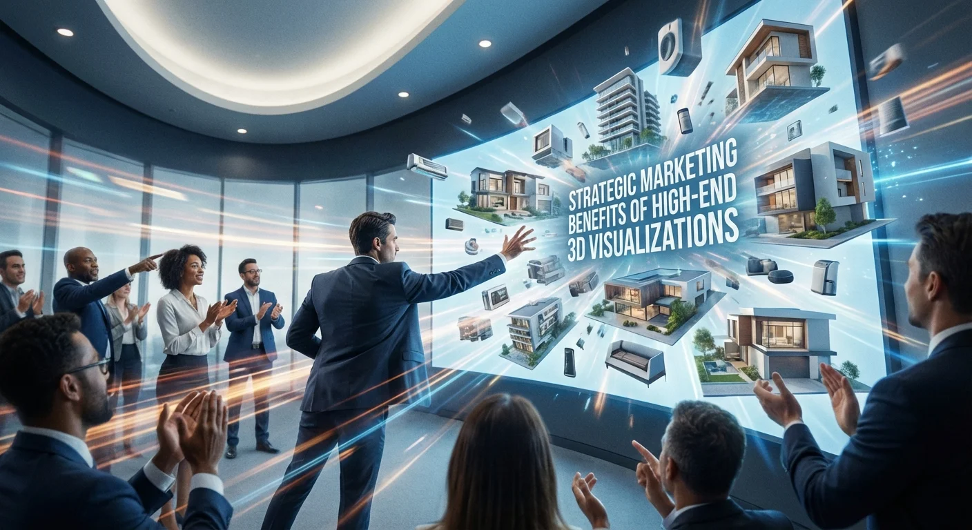 Realistic action photo, dynamic perspective for Visually Launching showing the strategic marketing benefits of high-end 3D visualizations, professional look and feel.