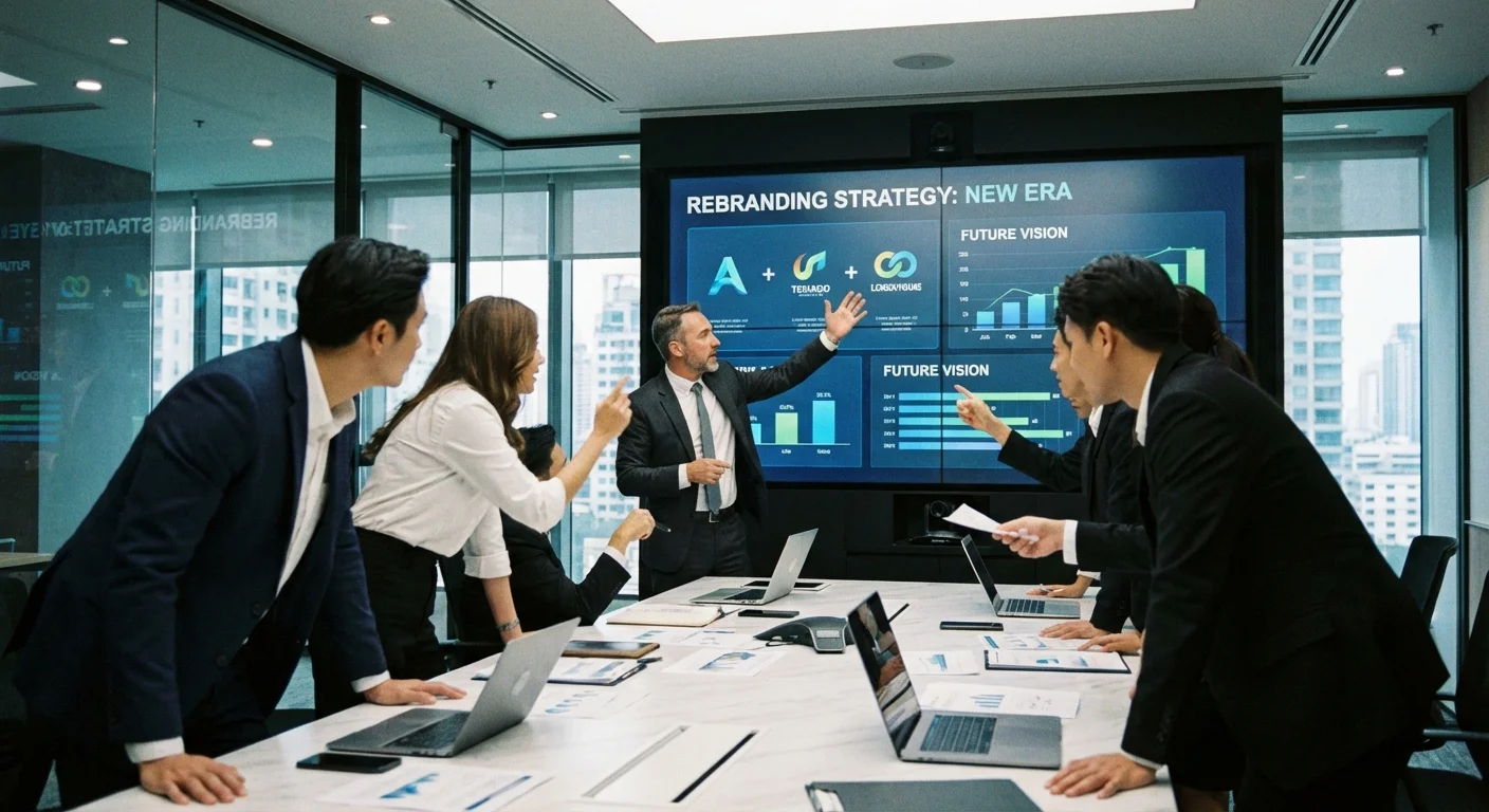 realistic action photo, dynamic perspective of a boardroom where a team analyzes strategic plans for Rebranding on a large digital screen, professional appearance