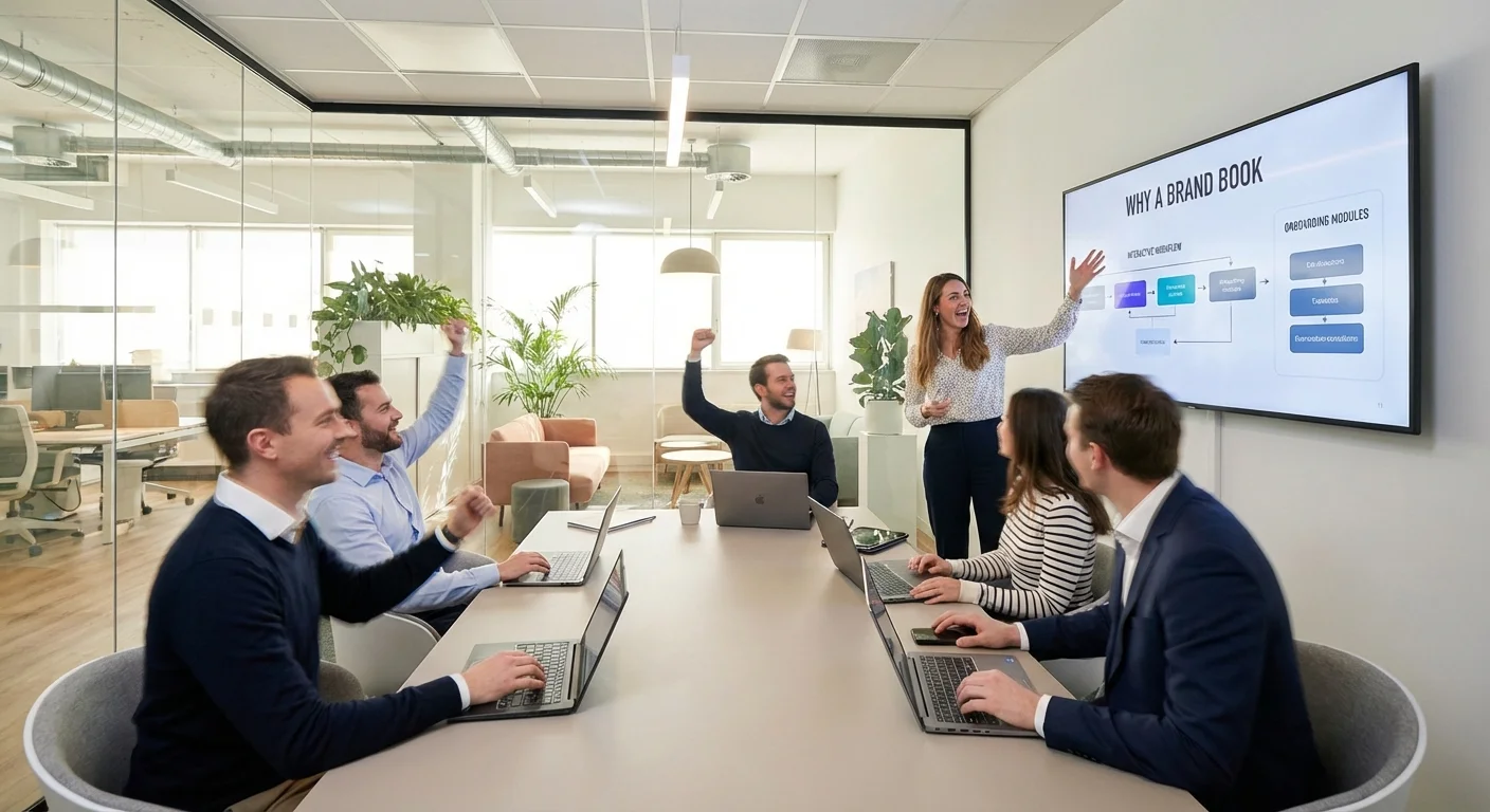 realistic action photo, dynamic perspective of a modern office where a team uses a digital Why a Brand Book to streamline workflows and onboard new employees, professional look and feel