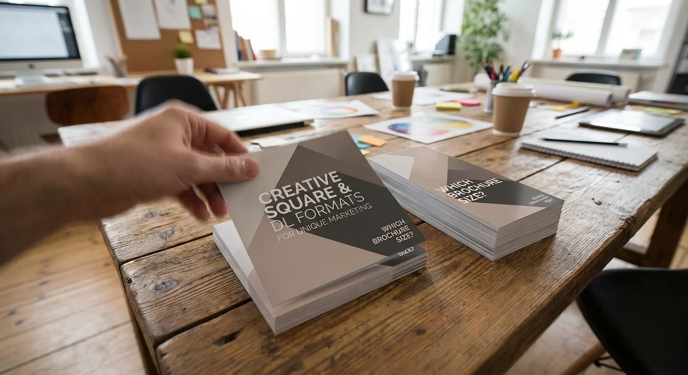 realistic action photo, dynamic perspective of Which Brochure Size with creative square and dl formats for unique marketing, professional look of square brochures on a wooden table