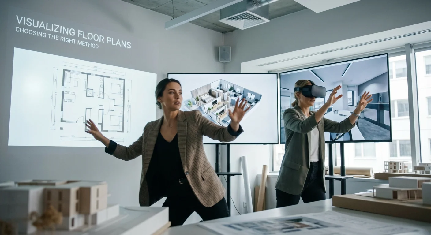 realistic action photo, dynamic perspective of an architect comparing different options for Visualizing Floor Plans when choosing the right visualization method for your project, professional appearance