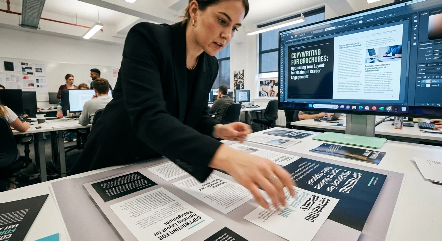 realistic action photo, dynamic perspective of Copywriting for Brochures in optimizing your layout for maximum reader engagement, professional appearance of a designer arranging text blocks on a brochure