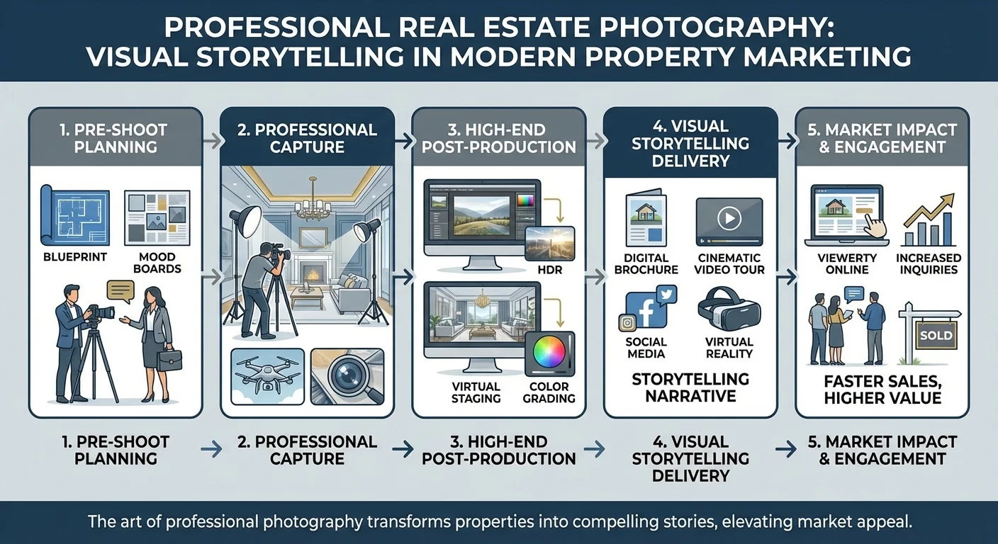 stap-voor-stap illustratie, procesweergave van Professional Photography in Real Estate bij the role of visual storytelling in modern property marketing, professionele uitstraling