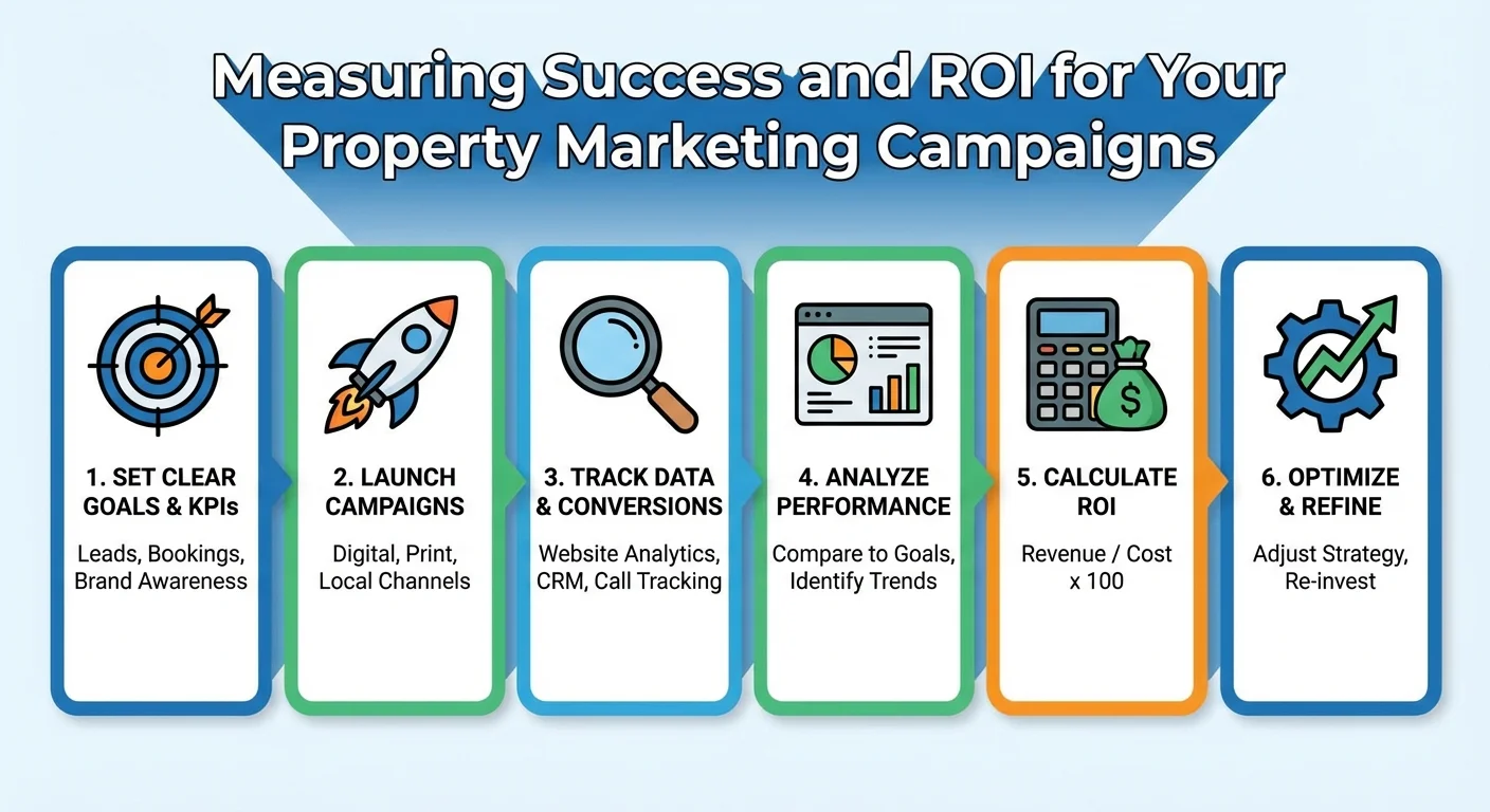 stap-voor-stap illustratie, procesweergave van Marketing Strategy bij measuring success and roi for your property marketing campaigns, professionele uitstraling