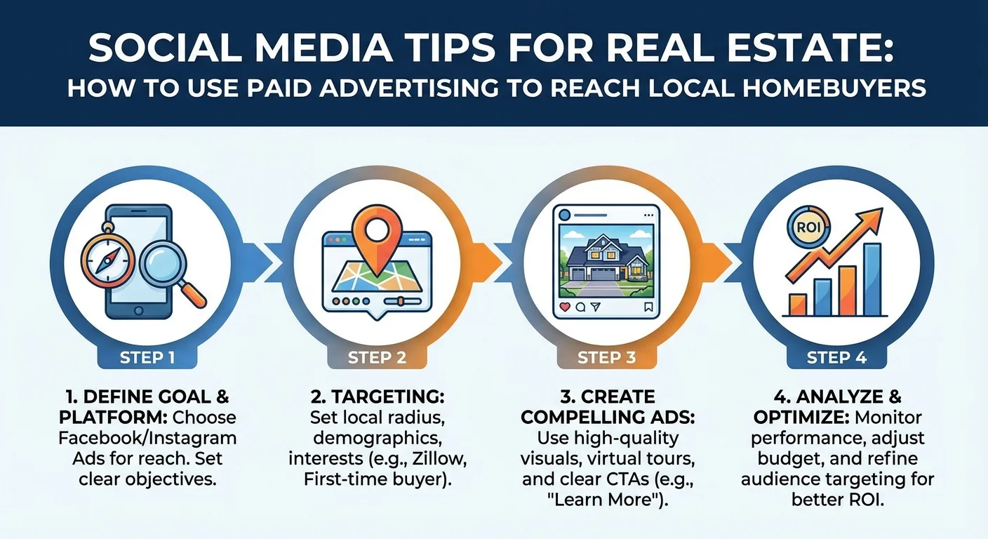 Step-by-step illustration, process visualization of Social Media Tips for Real Estate showing how to use paid advertising to reach local homebuyers, professional look and feel.