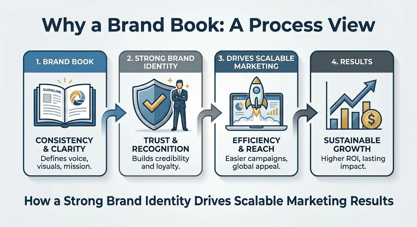 Step-by-step illustration, process visualization for Why a Brand Book showing how a strong brand identity drives scalable marketing results, professional look and feel.