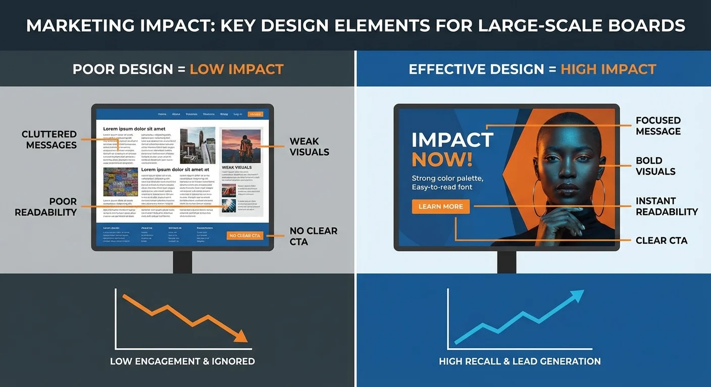 vergelijkende weergave, side-by-side layout van Marketing Impact bij key design elements for effective large-scale site boards, professionele uitstraling