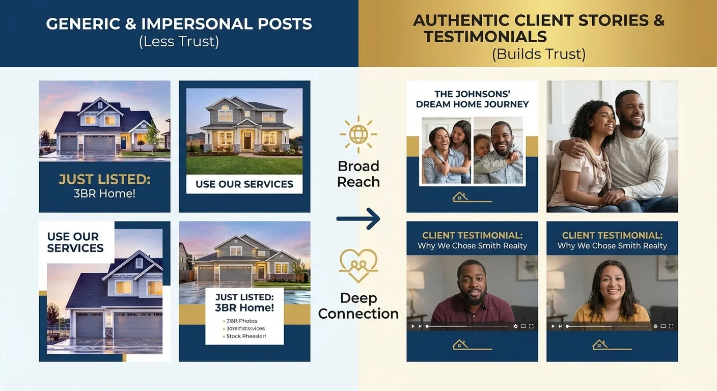 Comparative view, side-by-side layout of Social Media Tips for Real Estate focused on building trust through client testimonials and stories, professional look and feel.