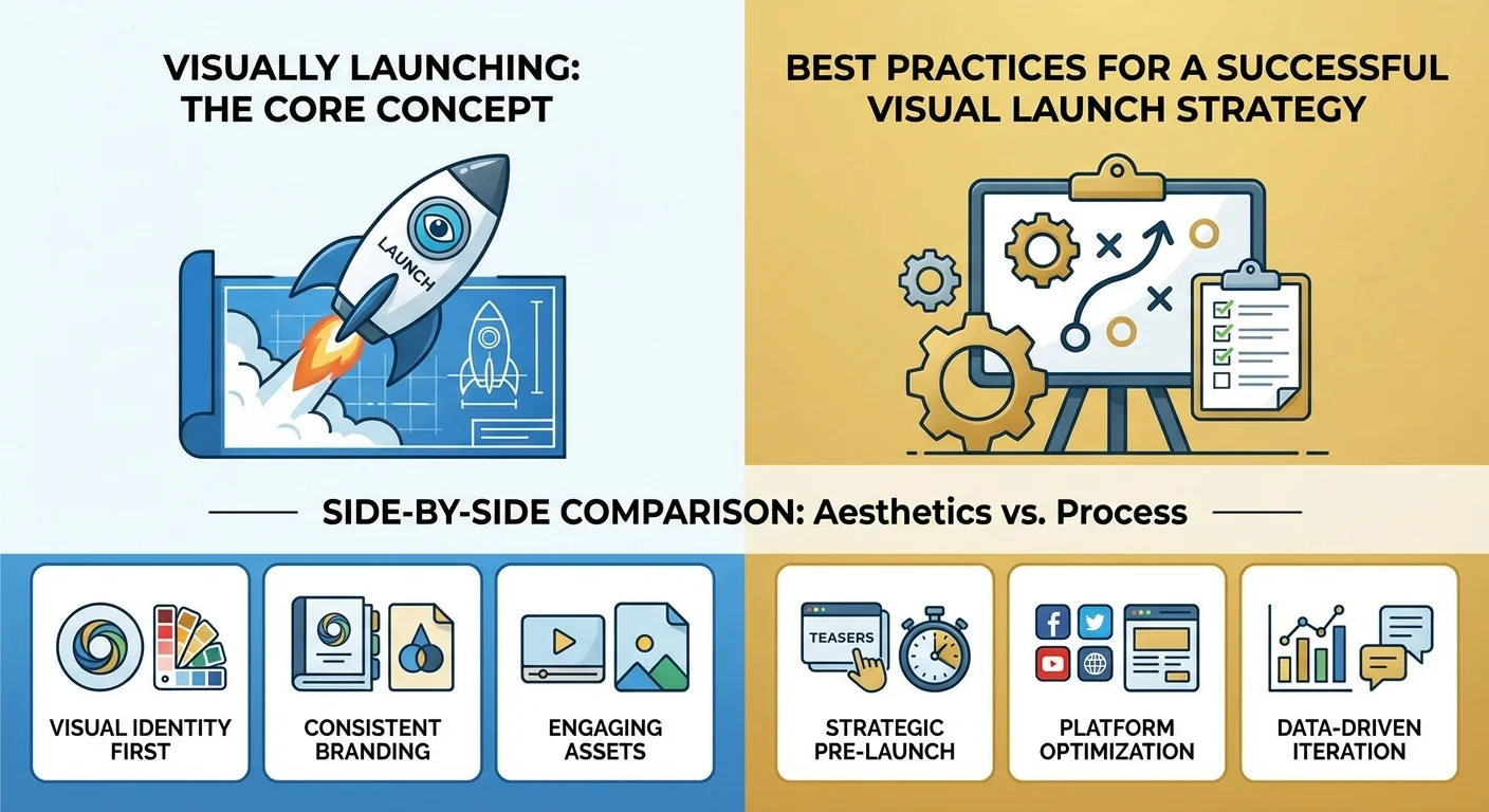 Comparative view, side-by-side layout for Visually Launching showing best practices for a successful visual launch strategy, professional look and feel.