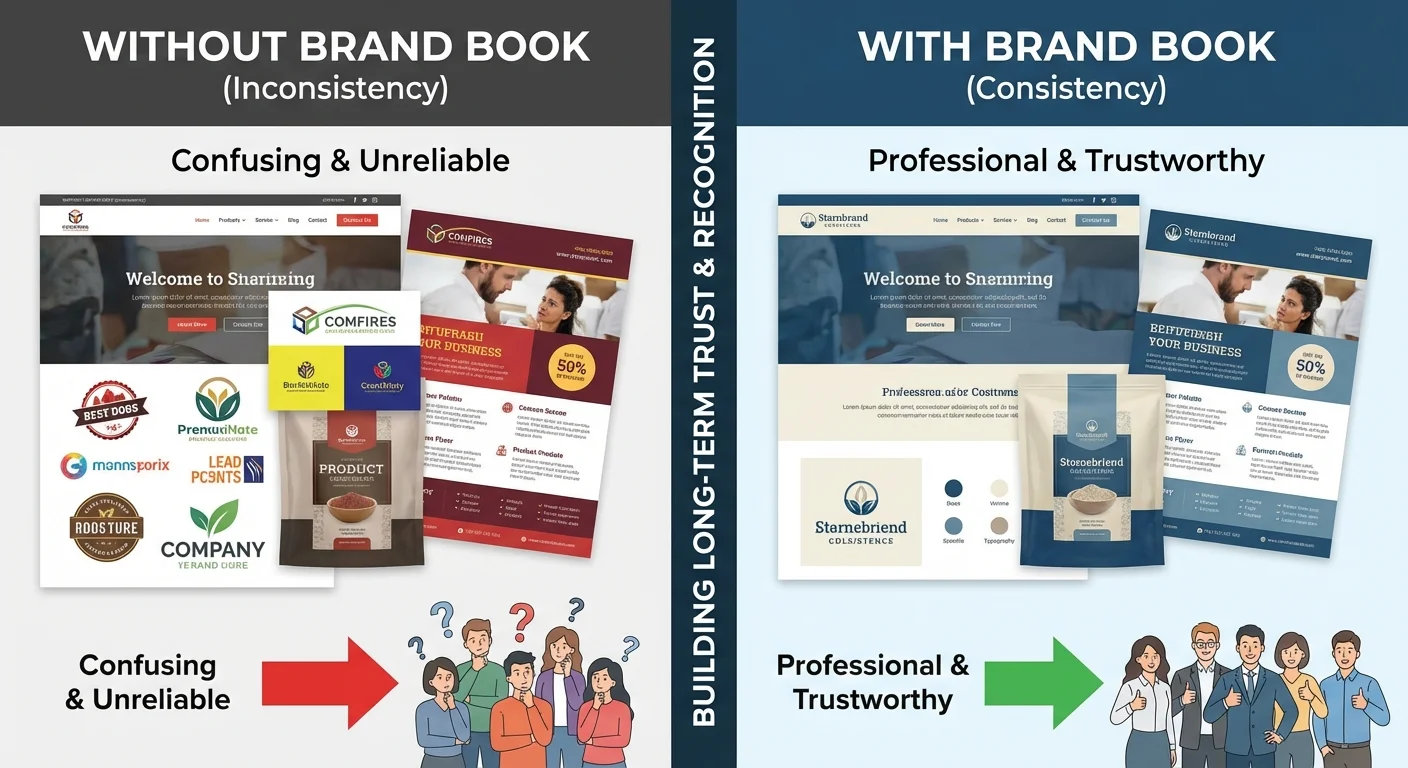 Comparative view, side-by-side layout for Why a Brand Book focused on building long-term trust and recognition with your audience, professional look and feel.